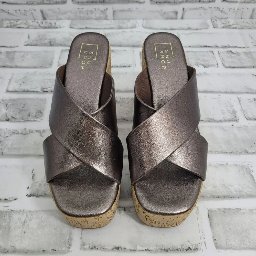ShuShop Metallic Brown Crisscross Cork Wedge Sandals